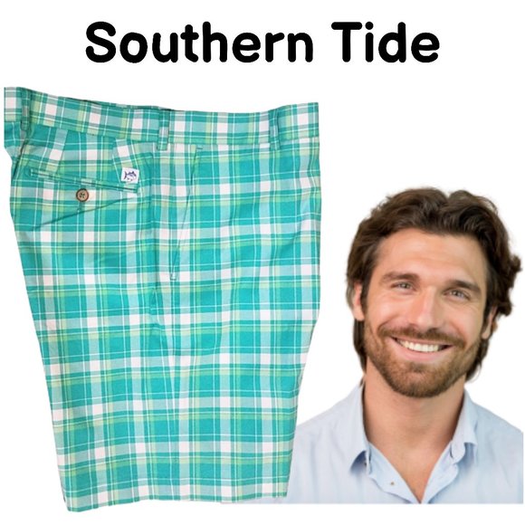 SOUTHERN TIDE THE SKIP JACK Green & White Plaid Shorts - Men's 38 - Picture 1 of 6
